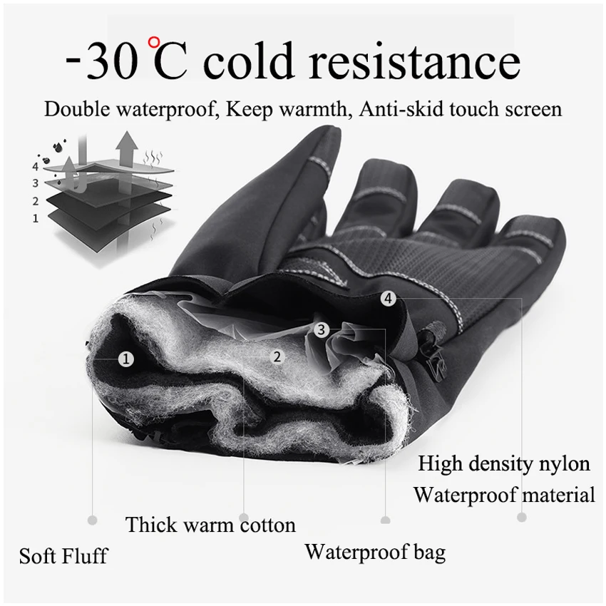 Winter Waterproof Gloves Touch Screen Anti-Slip Zipper Gloves Men Women Riding Skiing Warm Fluff Comfortable Gloves Thickening
