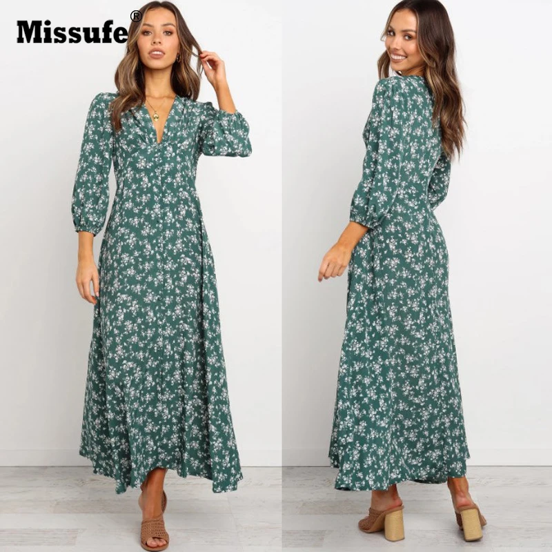

Missufe Women Dress Autumn 2019 Ladies Print Dresses Sexy Women V Neck Three Quarter Sleeve Womens Dresses Fall Evening Party