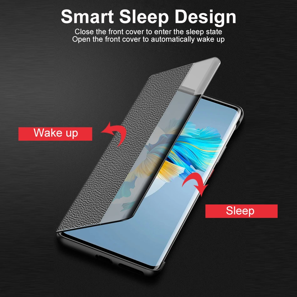 Genuine Leather Flip Cover For Huawei Mate 50 40 Pro+ 30 Mate40 Case Original Mirror Smart Touch View Wake Sleep Up Protection