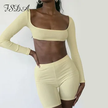 

FSDA Ribber Two Piece Set Summer 2020 Long Sleeve Crop Top And Black Shorts Biker Women Set Sport Women Set Sexy Outfits