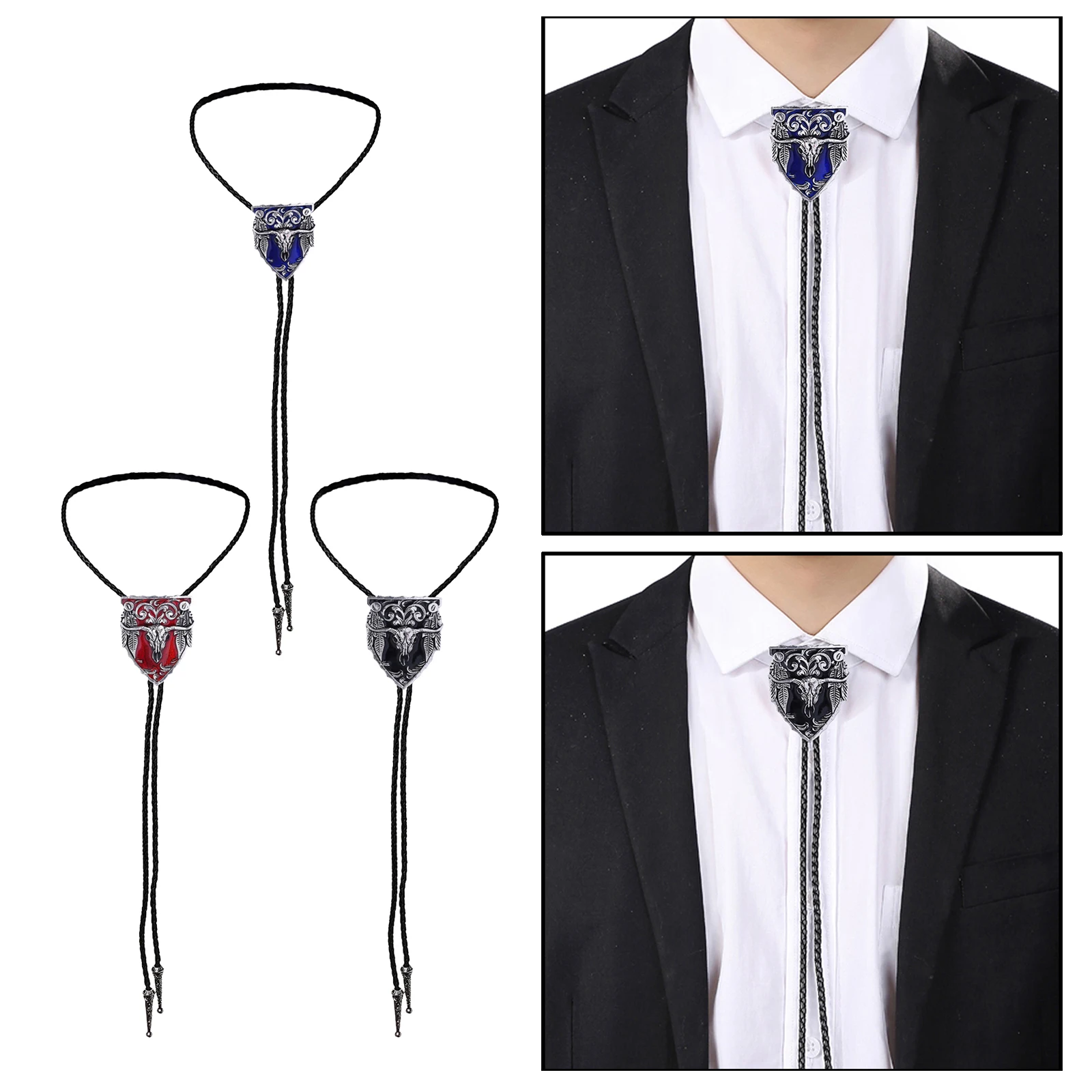 Bull Head  Men Bolo Tie Wedding Necklace PU Leather Rope Western Cowboy
