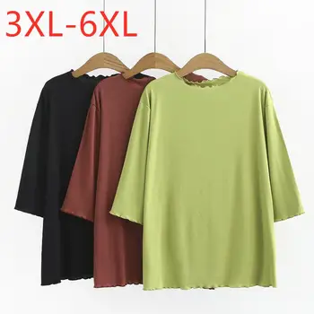 

New autumn winter ladies plus size basic tops for women large half sleeve loose cotton green elastic T-shirt 3XL 4XL 5XL 6XL