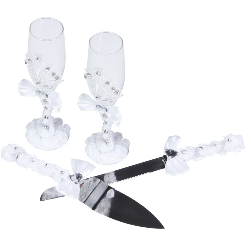 

1 Pair Wedding Bridal Shower Gift Wedding Lace Champagne Toasting Glasses Set Lace Wedding Wine Cup +Lace Cake Knife