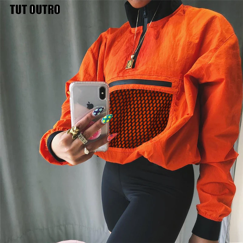 

Women's Autumn Orange Half Open Collar Long Sleeve Loose Top Chest Net Mesh Sweatshirt Casual Jacket Z353