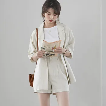 

Korean Casual Cotton And Linen Blazer Set Summer Clothes For Women One Button Jacket Coat & Shorts 2 Piece Set Female Pants Set