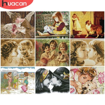 

HUACAN Cross-Stitch Figure 11CT 14CT Embroidery Needlework Sets DIY Cross Stitch Girl Kits White Canvas Gift Home Decoration