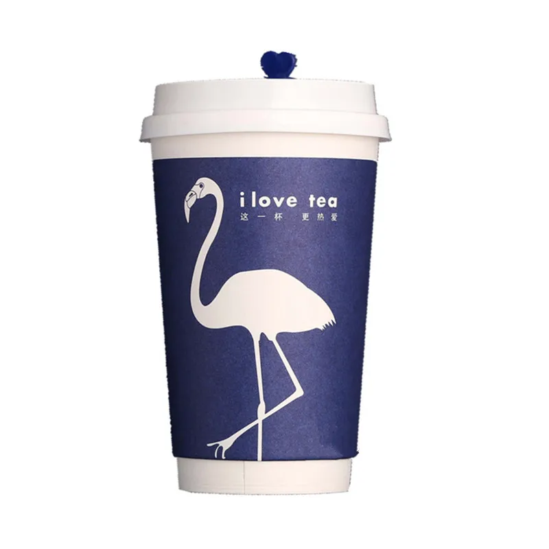 

50pcs High quality double layer thicken disposable coffee cup 16oz 500ml milk tea soy drink dark blue paper cups with love cover