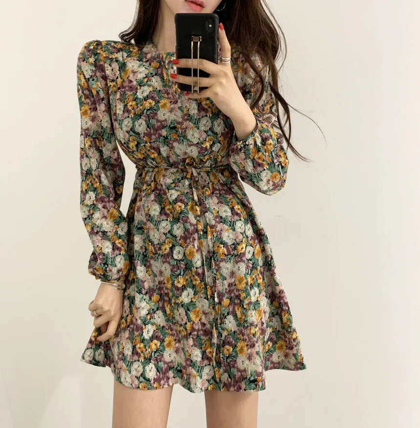 Hb620fd58f4784a88b8706b7a14b9b91ds - Spring Korean O-Neck Long Sleeves Floral Print Lace-Up Slim Mini Dress