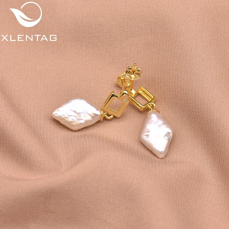 Женские серьги пусеты XlentAg из серебра 925 пробы с натуральным ромбовидным жемчугом