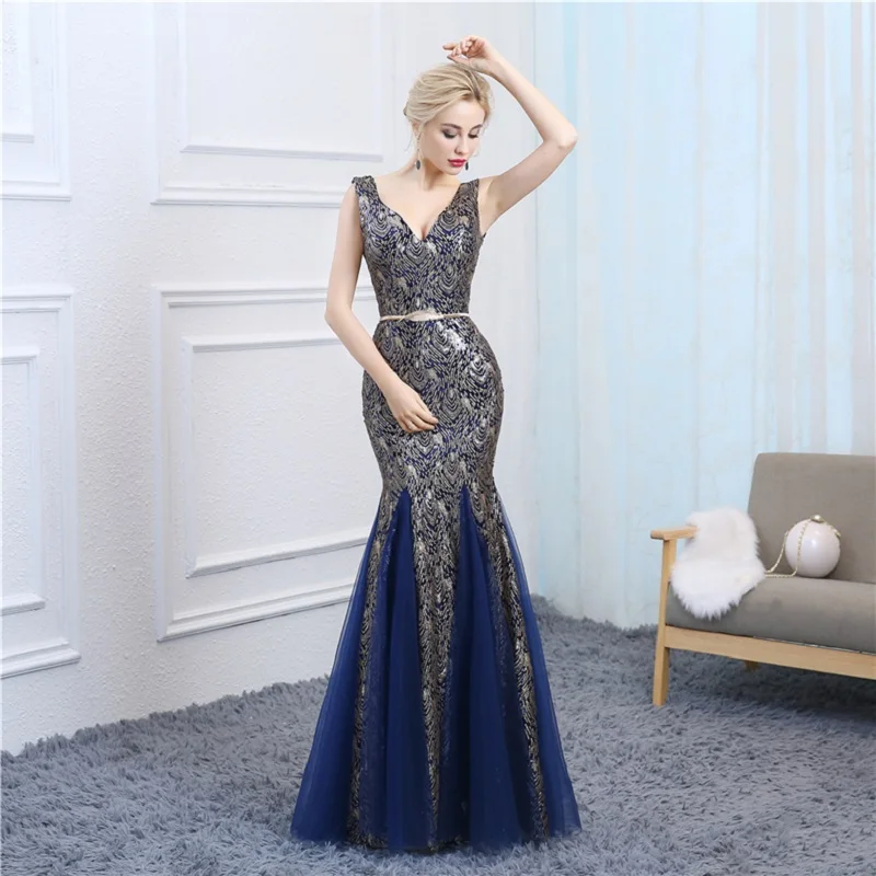 Alilove Русалка/синий/Simple/Luxury/v-образный вырез/пикантные новинки/Стиль/вечерние платья/Вечерние платья/вечернее платье для девочек, без рукавов, в пол, Длина