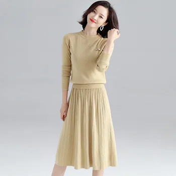 

Net red skirt suit early autumn new arrival women's fashion long-sleeved knitted pleated skirt suit knit women's set F9972