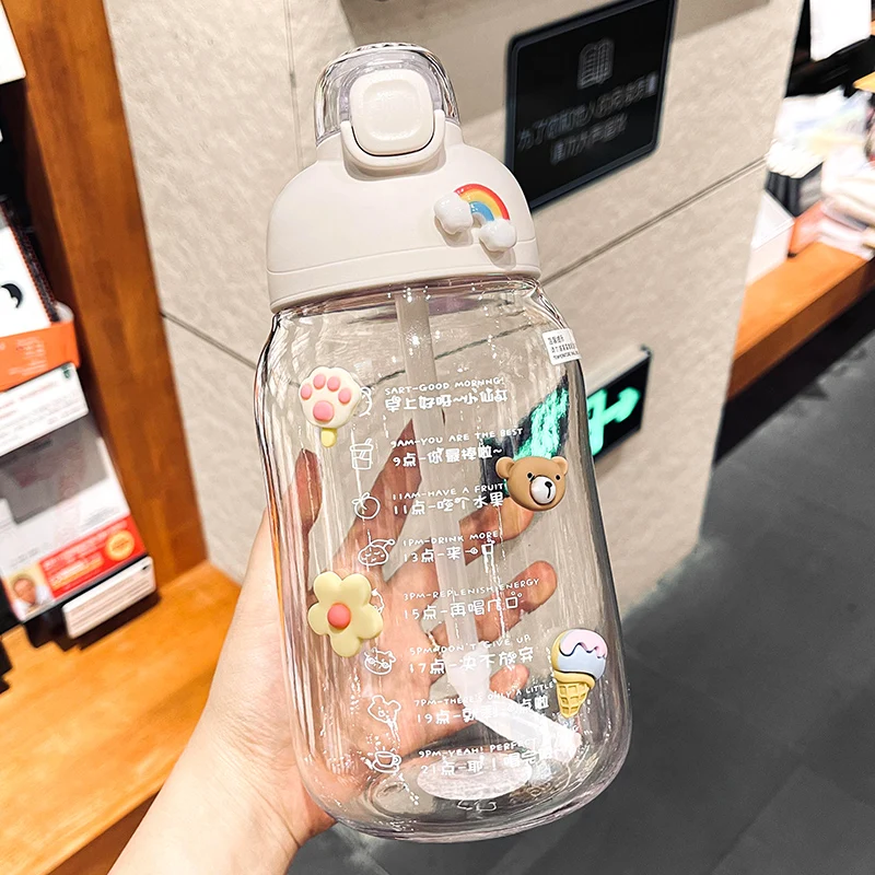 Kawaii Jumbo Plastic 2000ml Water Bottle With Time Marker & Straw – Kawaiies