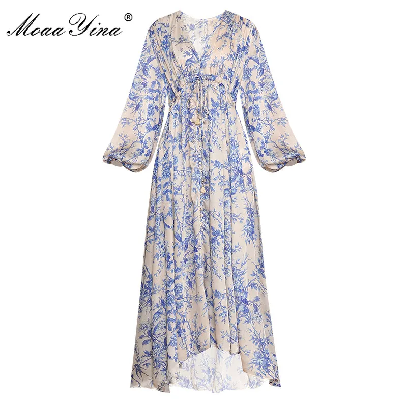 MoaaYina, модное дизайнерское подиумное платье, весна-осень, женское платье с v-образным вырезом, рукавами-фонариками, эластичным поясом, свободные платья с принтом - Цвет: Многоцветный