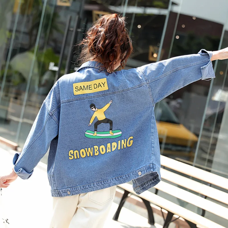 

2019 Spring Autumn Women Korean print loose Denim Jacket women long sleeve Crop Tops Jacket Basic Coat Chic Jacket
