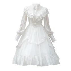 New Arrival Women Gothic Vintage Lace Ruffle Lolita Long Sleeve Black/White Chiffon Dress Female Retro Large Pendulum Dresses