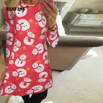 

ELSVIOS 2XL Christmas Tree Snowman Print Dress Women Casual Long Sleeve A-Line Party Dress Autumn Winter Christmas Dress Vestido