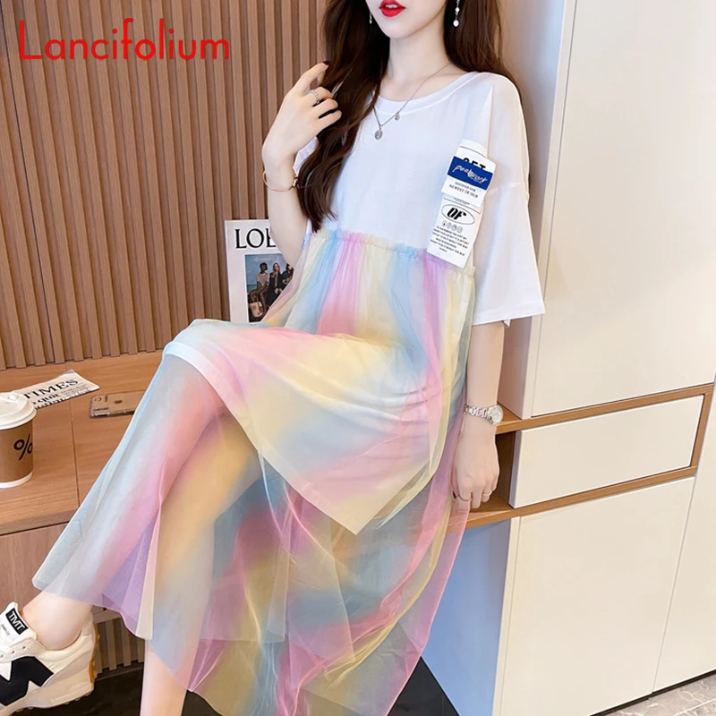 Oversized Korean Fashion Dress Spring Summer Rainbow Mesh Patchwork Short  Sleeve Crewneck Kawaii Vintage Tshirt Dress Women 2022 - AliExpress  200000345