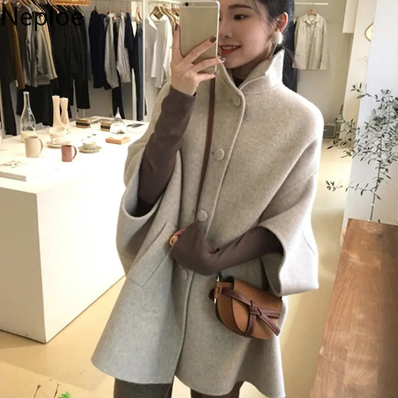

Neploe Autumn Winter New Loose Bow Woolen Coat Women Harajuku Style Mid Long Cloak Blends Turn Down Collar Button Jacket 46807