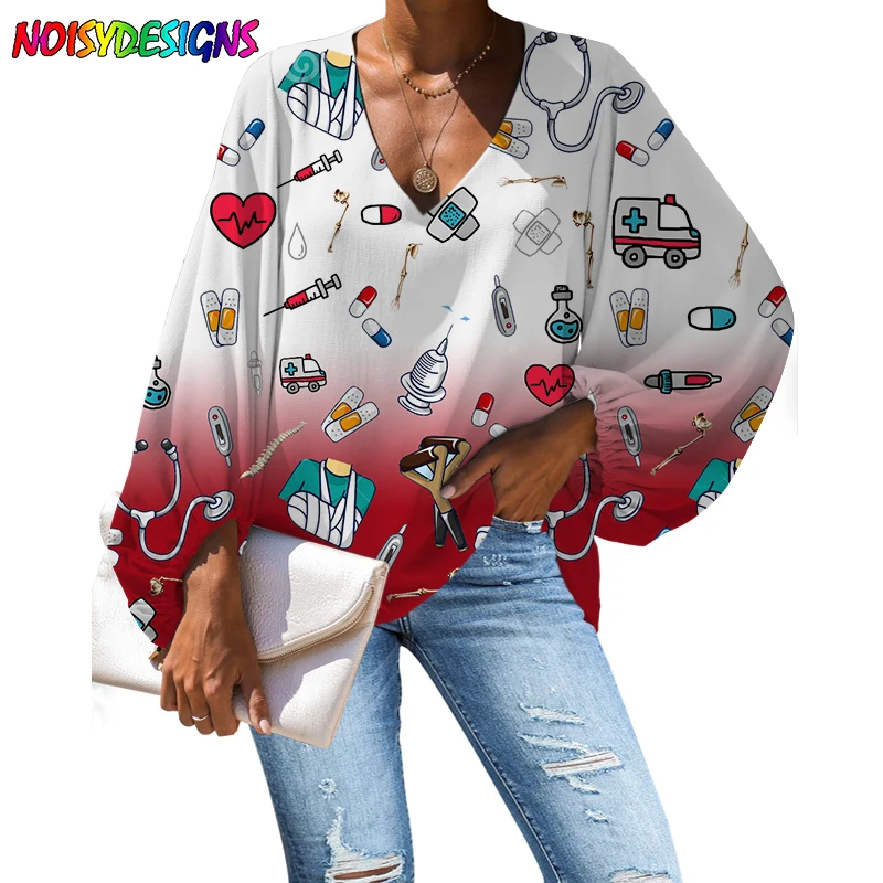

NOISYDESIGNS Funny Cartoon Nurse Women Blouse Prints Blouse Casual Loose Long Sleeve Shirt Tops Female V-neck Cloth