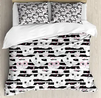 

Cat Duvet Cover Set Funny Feline Faces with Hearts Dots on a Monochrome Stripes Patterned Background Decorative 3 Piece Bedding