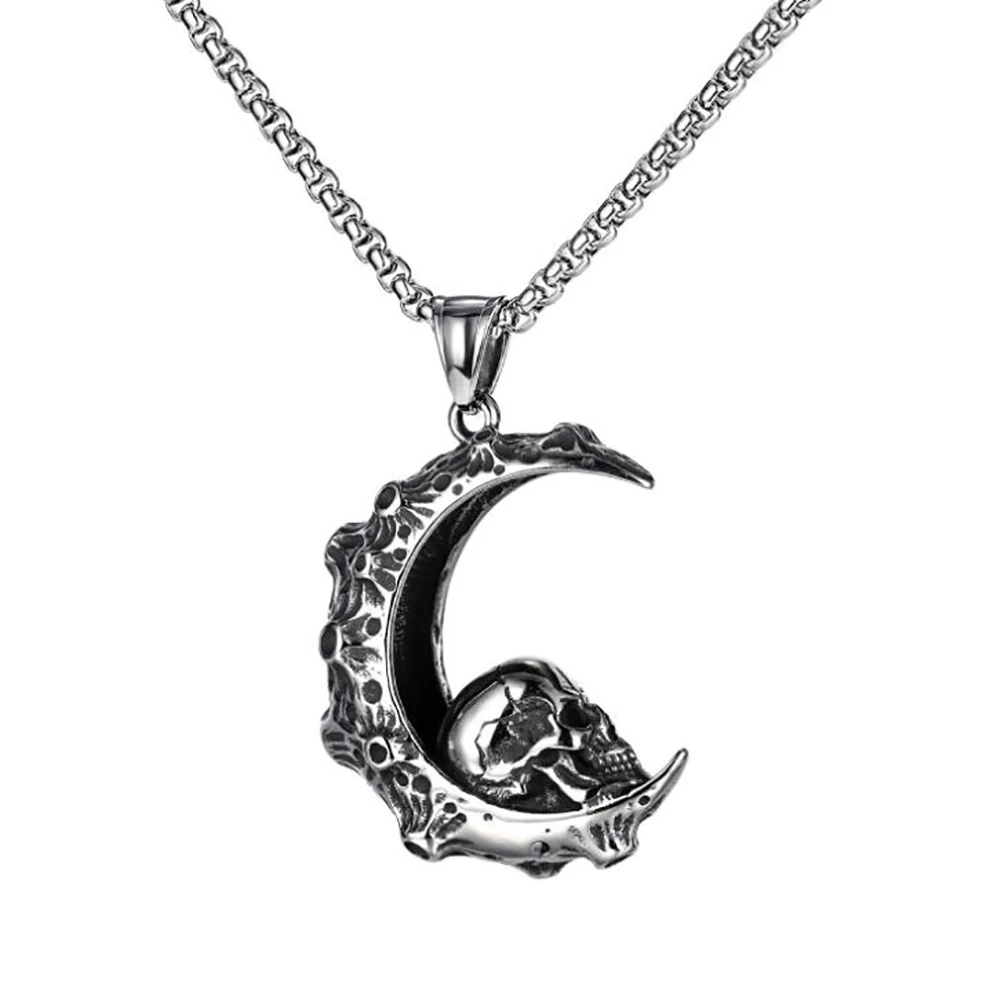 Stainless Steel Retro Vintage Moon Crescent Gothic Skull Biker Halloween Pendant Necklace with Chain | Украшения и аксессуары