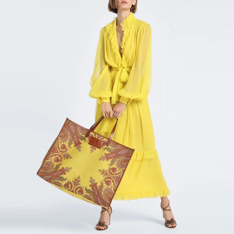 Autumn Yelllow Vintage V-neck Long Lantern Sleeve