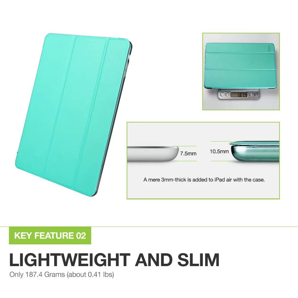 Чехол для iPad воздуха ESR ура Цвет PU прозрачная задняя Ultra Slim Light Вес Trifold Смарт чехол