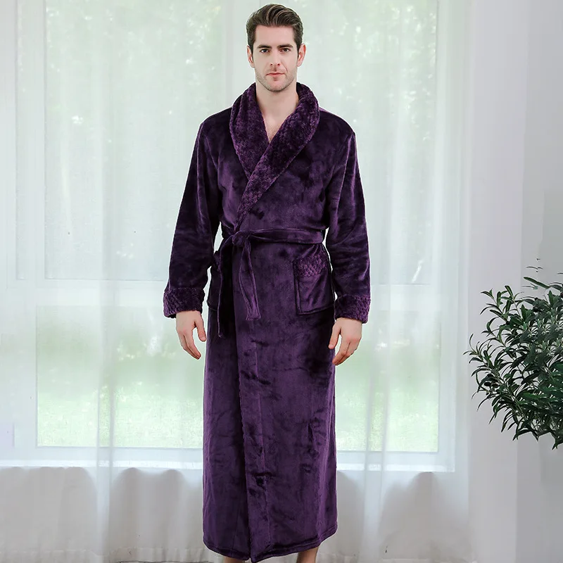 Фланелевый Халат для влюбленных размера плюс, удлиненный теплый Халат с капюшоном для мужчин и женщин, плотное зимнее кимоно, банный халат, мужской халат, халаты - Цвет: men purple