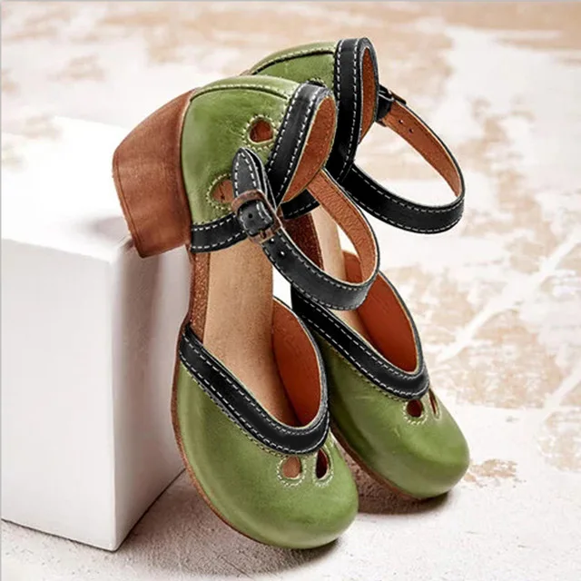 Sandalias Retro de tacón medio de talla grande para mujer, zapatos informales con correas de hebilla de tobillo, cubierta de costura, zapatos de tacón Vintage para mujer