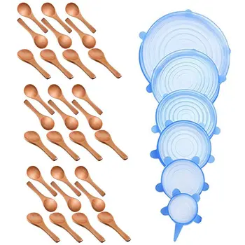 

7Pcs Blue Silicone Stretch Lids Durable Eco-Friendly & 30Pcs Small Wooden Spoon Tasting Spoon Condiments Salt Spoons