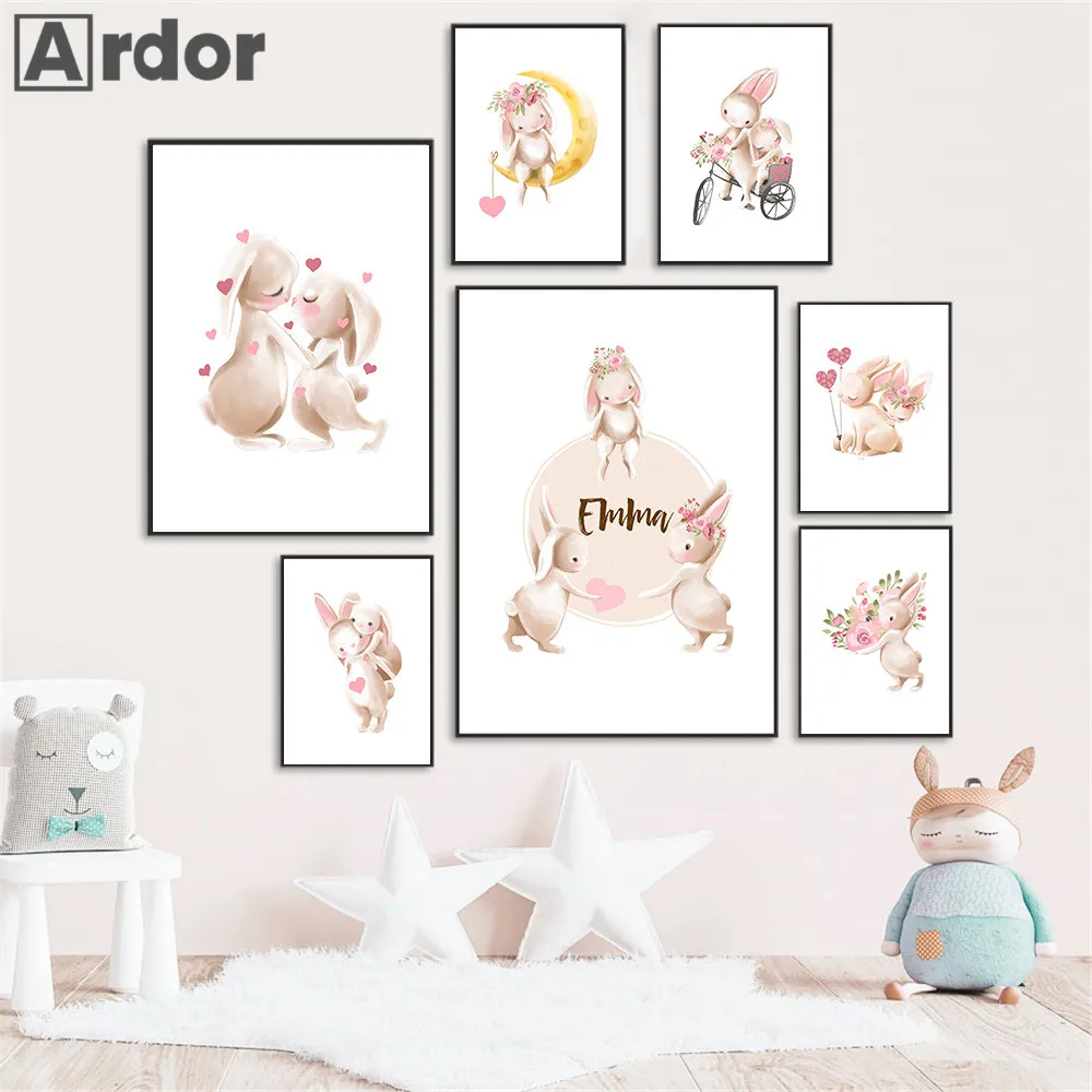 

Pink Flower Baby Rabbit Canvas Poster Picture Girls Custom Name Wall Art Print Nursery Painting Nordic Posters Kids Room Decor