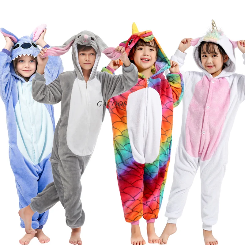 Теплые зимние пижамы с единорогом для мальчиков и девочек; пижамы с изображением панды и стежка; детские комбинезоны с длинными рукавами; Пижама с единорогом для подростков