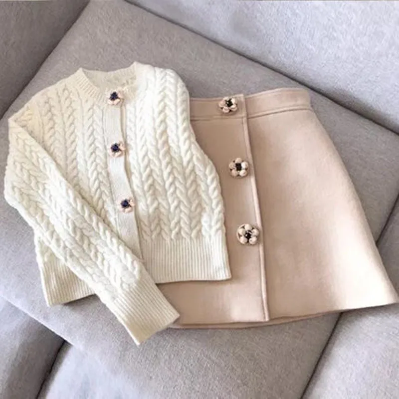 

2019 Winter Sweet Women Flower Buttons Skirt Set Suit White Sweater Cardigans & High Waist Mini Skirts Lady Femme Pull Clothes