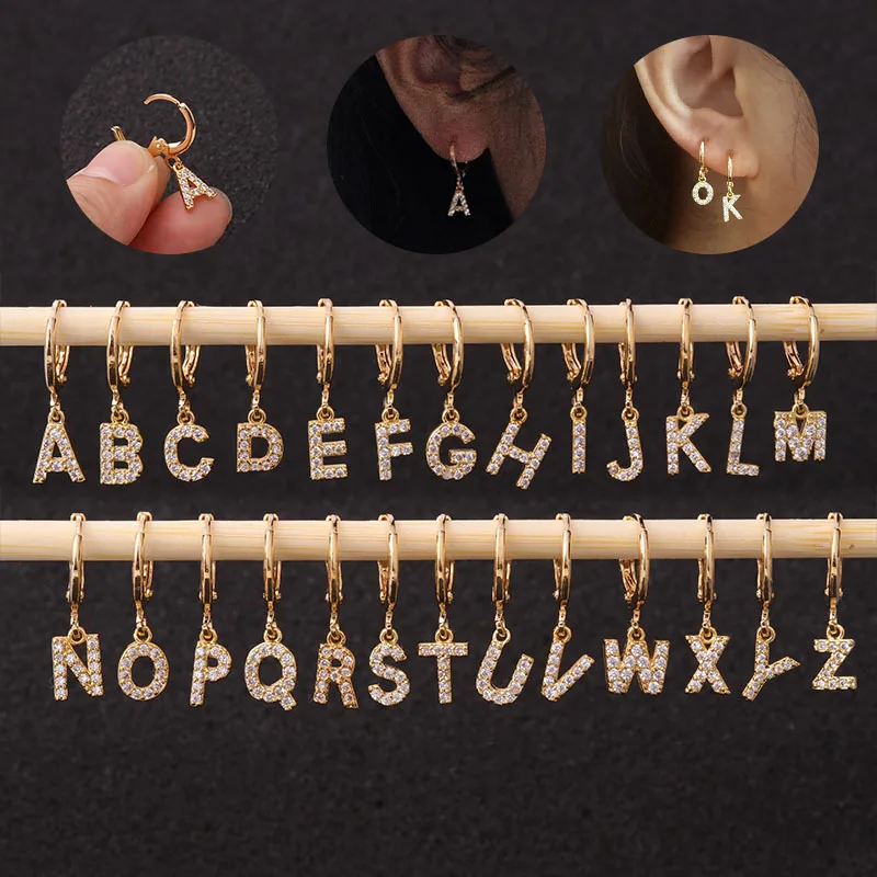 

1 PCS Classic Gold Color Micro Pave CZ A-Z Alphabet Hoops Simple Small Circle ABC Pendant Earrings Stainless Steel Ear Jewelry
