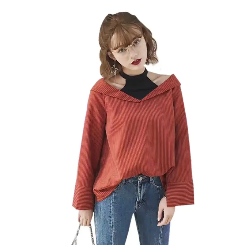 

Women Pullover Loose Tops Plus Size Casual Striped Patchwork Long Sleeve Fake Two Pieces T-Shirt