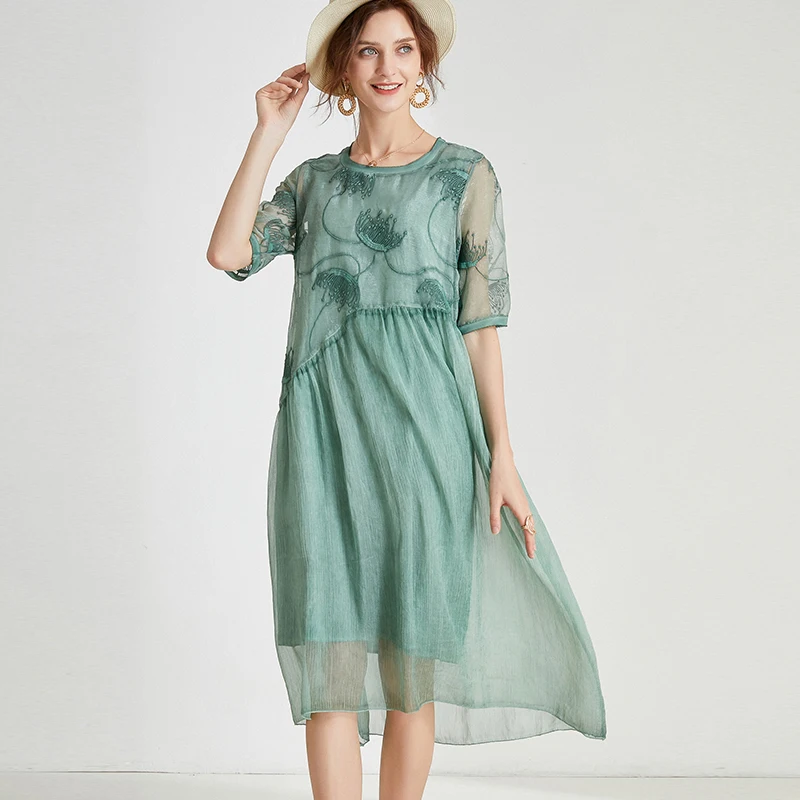 

2022 Summer embroidered dress chiffon dress short sleeves vacation beach dress elegant midi dress for girls Longs Vestidos 4xl