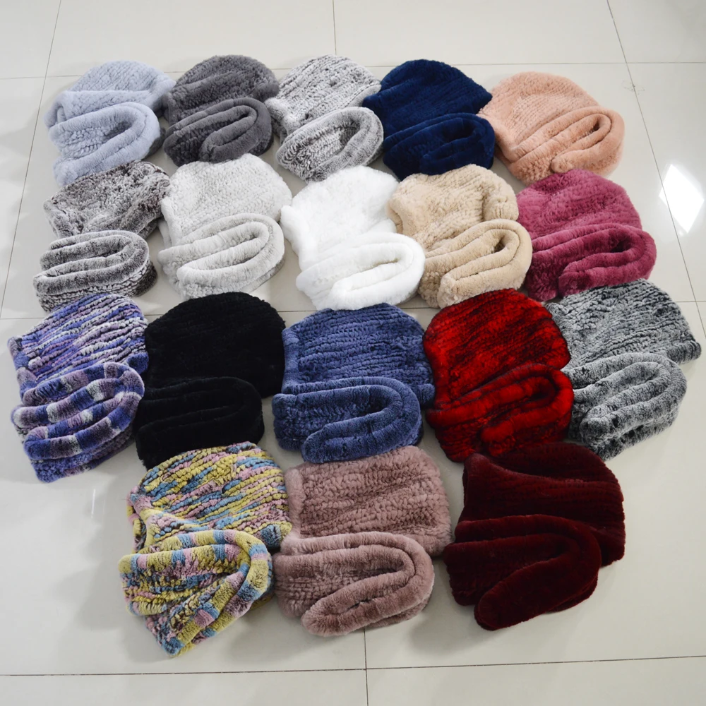 Hot Sale Winter Knitted Real Rex Rabbit Fur Hat Scarf Women Rex Rabbit Fur Cap Scarves Quality Natural Rex Rabbit Fur Poncho Hat