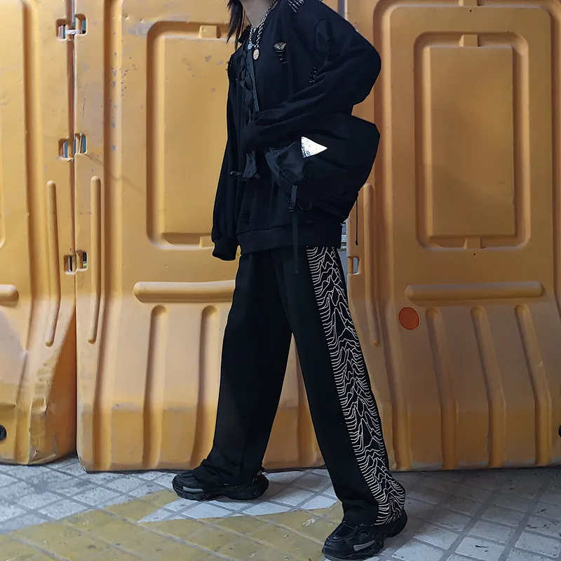 Ulzzang корейский ins хип-хоп Харадзюку боковой печати уличная Личность печати Эластичный случайные талии свободные широкие брюки