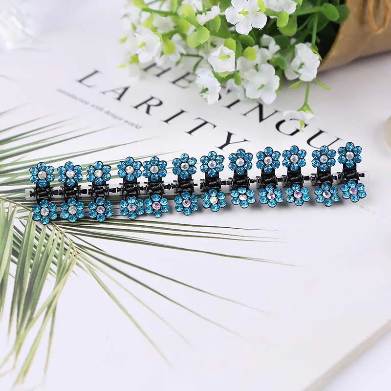 ncmama 12pcs/set Mini Rhinestone No-Slip Grips Hair Clips for Women Girls Glitter Teeth Metal Clamps Flower Hair Accessories