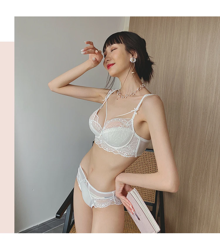 French Ultra-thin Underwear Sexy Lace Plus Size Hollow Women Push Up Bra Set Pure White C D E Cup Brassiere Temptation Bralette french knickers set