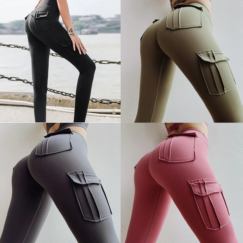 

Women Slim Multi-pocket Military Uniform Yoga Pants Sport Gym Leggings Peach Hip Fitness Tights Sportswear