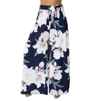 

Women Floral Print Wide Leg Pants Women Long Casual Pant Summer Boho Beach Elastic High Waist Chiffon Trousers