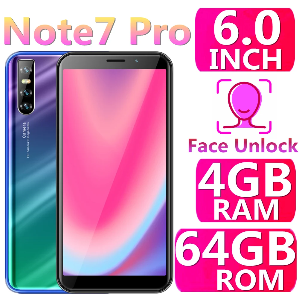 Note7 PRO 6," 13 МП Android Мобильные телефоны 4 грамма+ 64 гром распознавание лица celular дешевые мобильные телефоны разблокированные смартфоны
