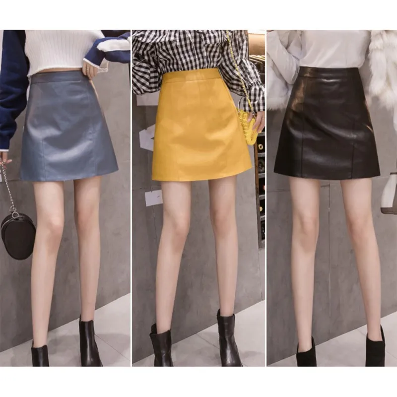 Women Skirts Above Knee Mini Women's Elastic Waist PU Faux Leather Skirt Jupe Femme Autumn Winter Mini Skirts