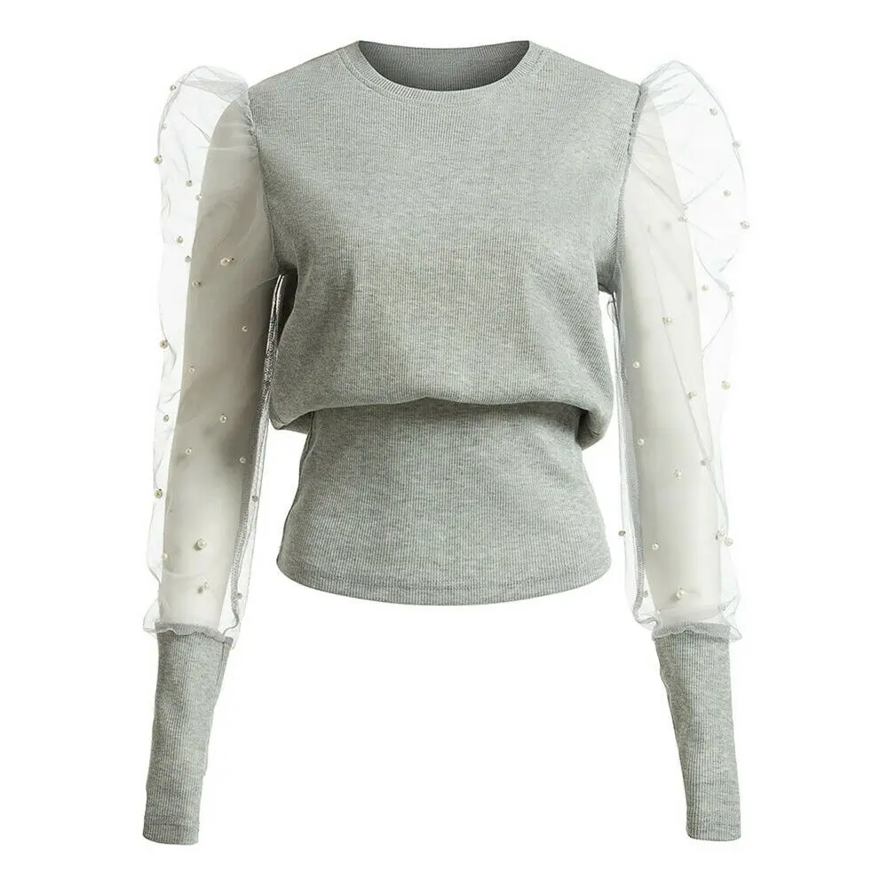 Gray with Pearl Hirigin, 4 цвета, женская летняя футболка с пышными сетчатыми рукавами, Прозрачные топы, пуловер, праздничный свободный джемпер, топы с жемчужной вышивкой - Цвет: Gray with Pearl