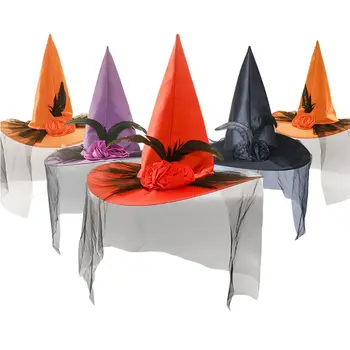 

Women Girls Halloween Witch Hat with Artificial Rose Flower Feather Mesh Veil Cap Stage Show Cosplay Costume Party Decoration