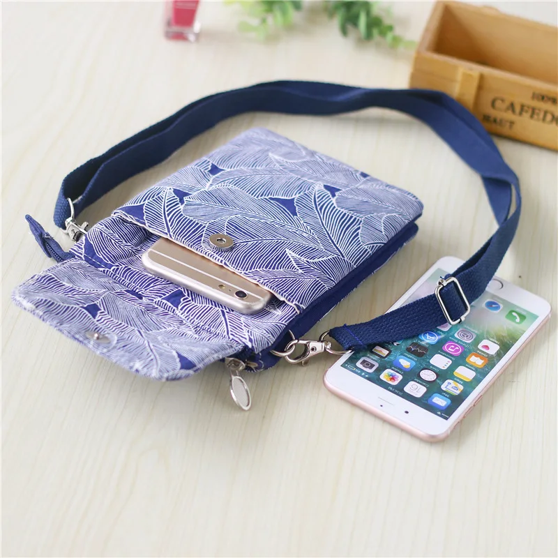 Women Leaf Large Screen Mobile Phone Bag  Capacity Canvas Messenger Bag Ladies Shoulder Bag