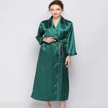 

Woman Imitate Real Silk Lapel Long Style Robe Sexy With Belt Bathrobe
