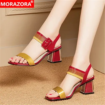 

MORAZORA 2020 Newest women sandals genuine leather high heels shoes fashion square toe mixed colors women pumps party shoes