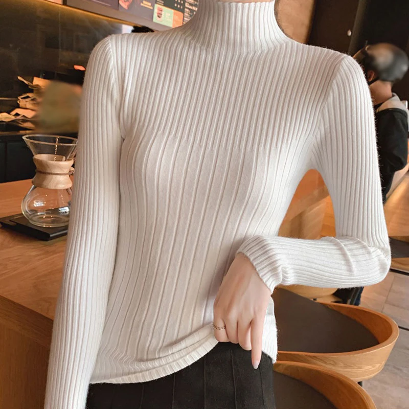 Осенний и зимний корейский свитер женский Водолазка с длинным рукавом сплошной цвет тонкий пуловер Повседневная трикотажная обтягивающая рубашка свитера